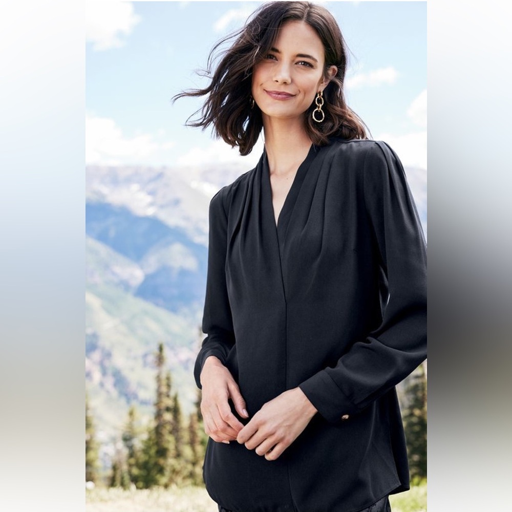 NWT Soft Surroundings Akira Long Sleeve Pleated V-Neck Pretty Black Blouse PXS